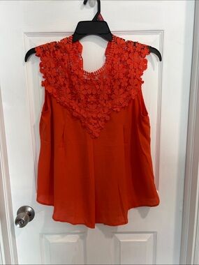 Orange Floral Lace Yoke Sleeveless Women's Top